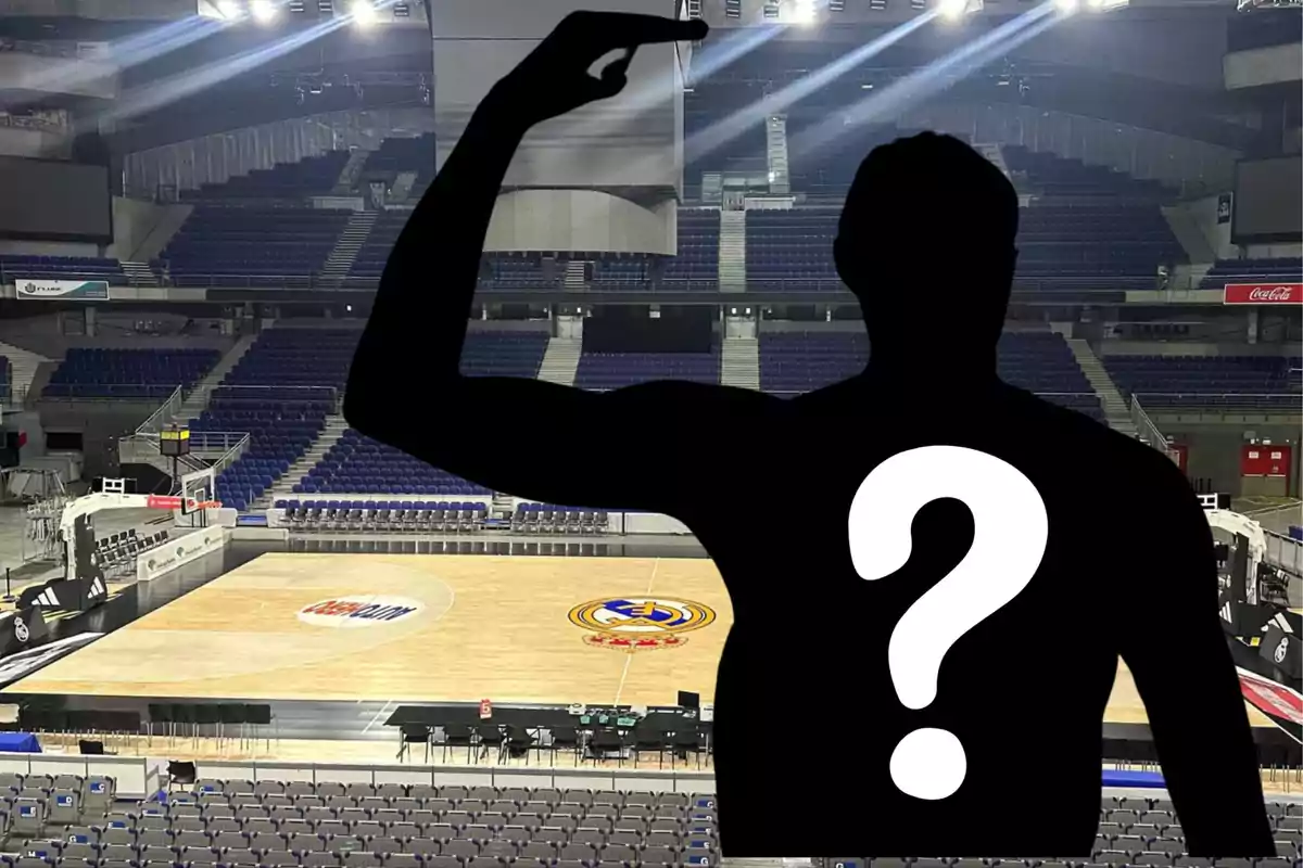 Silhouette of a person with a question mark in front of an empty basketball court in a lit stadium.