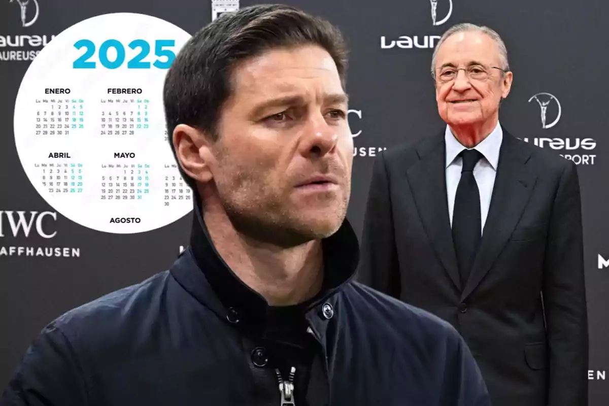 Dos hombres posan frente a un fondo negro con logotipos, uno de ellos está en primer plano con una expresión seria y el otro al fondo sonriendo, junto a un calendario del año 2025.