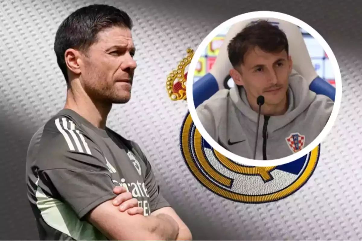 Soccer coach with crossed arms and the Real Madrid crest in the background next to a box featuring a Croatian player at a press conference