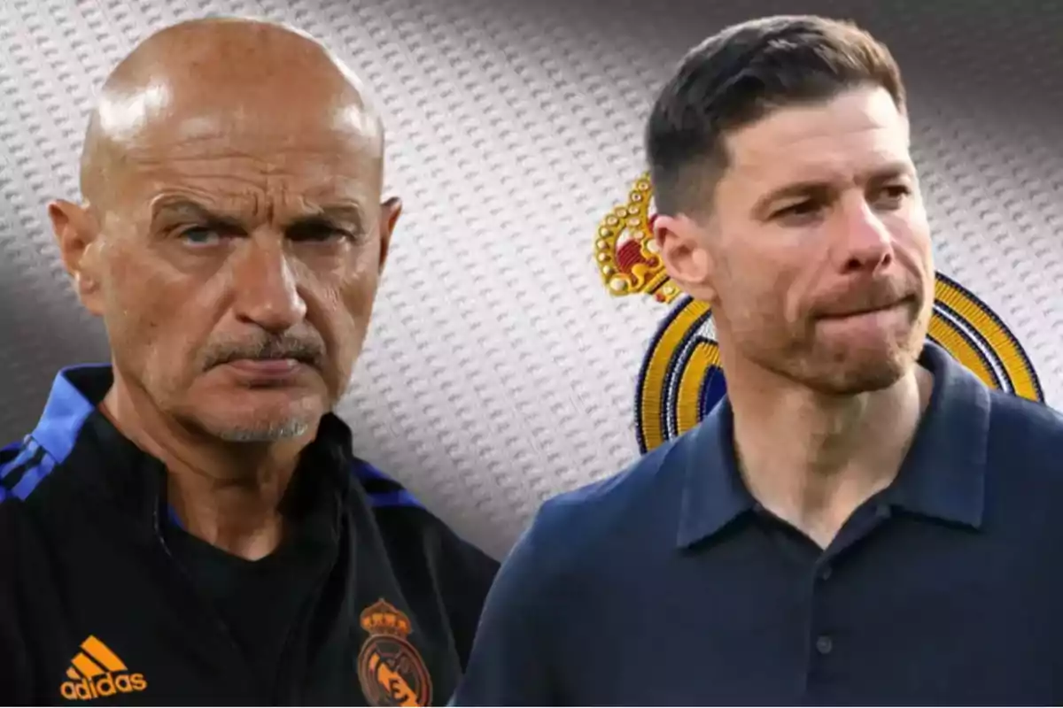 Dos entrenadores de fútbol aparecen en primer plano con el escudo del Real Madrid de fondo