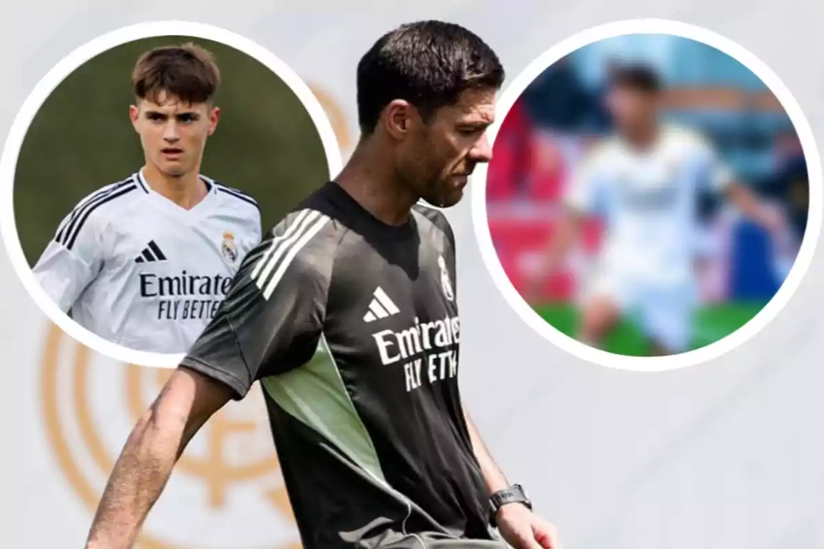 Real Madrid coach in training uniform in the foreground and two young players in boxes in the background