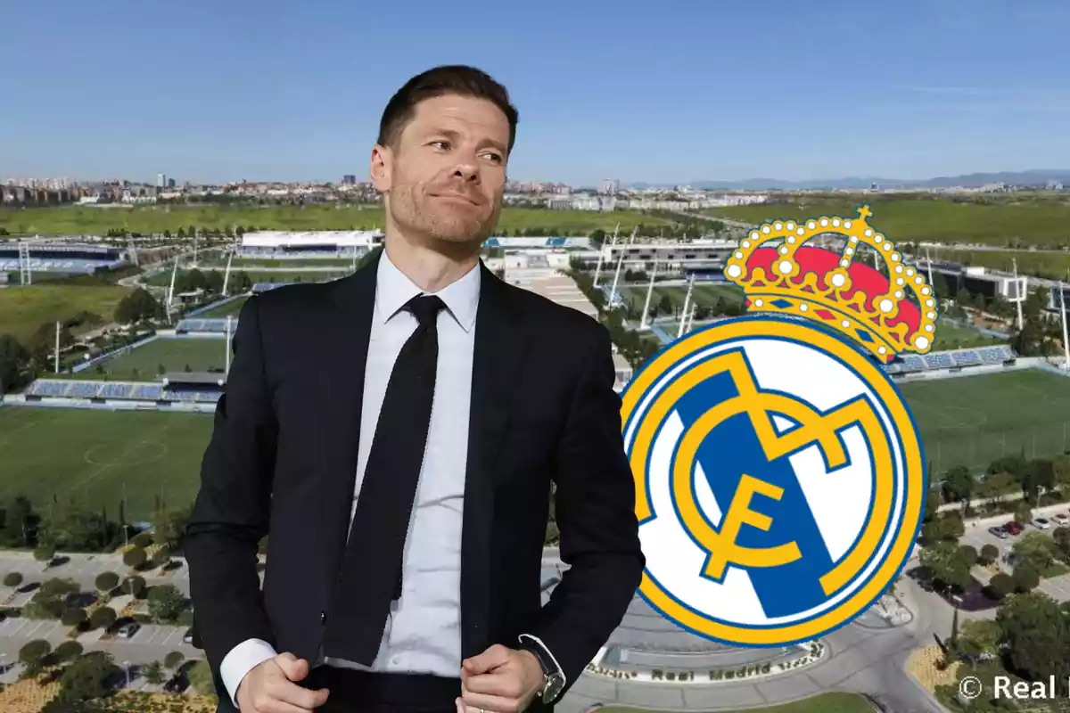 Man in a suit in front of Real Madrid’s sports facilities and the club’s crest
