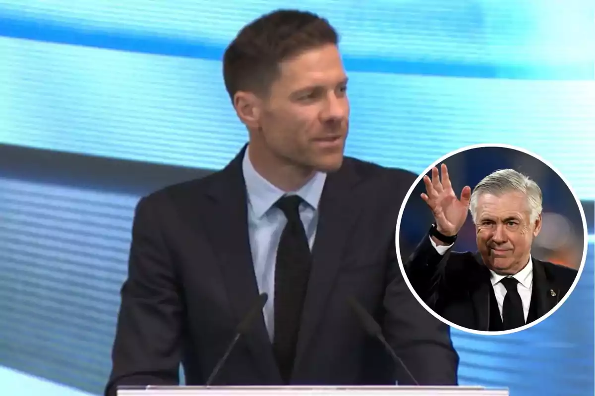 Man in a suit speaking at a podium with the image of an older man waving in an overlaid circle