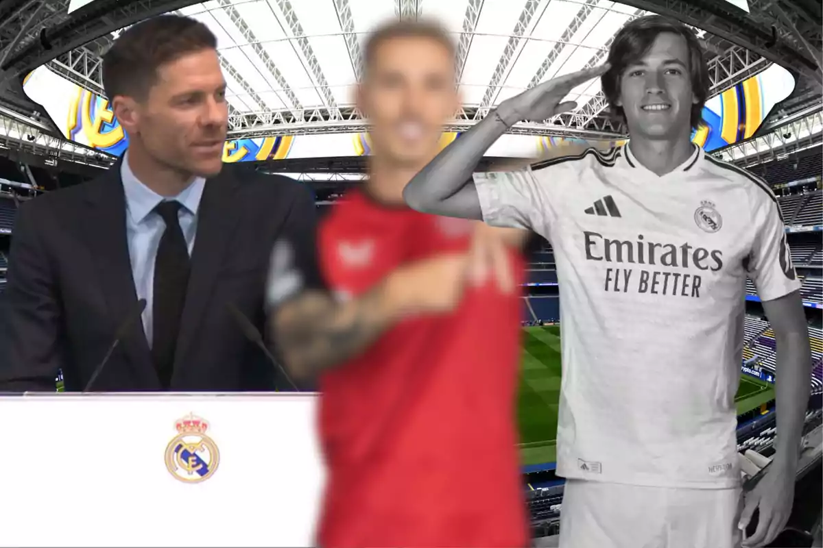 Three people in a soccer stadium: one in a suit speaking at a podium, another in a red jersey out of focus, and one more in a white Real Madrid uniform giving a military salute.