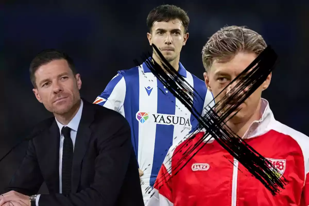 Three men appear in the image: one in a dark suit, another in a blue and white soccer uniform, and the third, wearing a red and white jacket, has a large black X over his face.