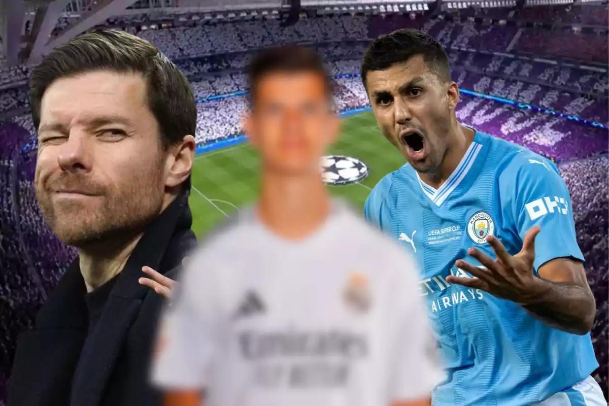 A man winking and another with a surprised expression in a soccer stadium with a blurred player in the foreground.