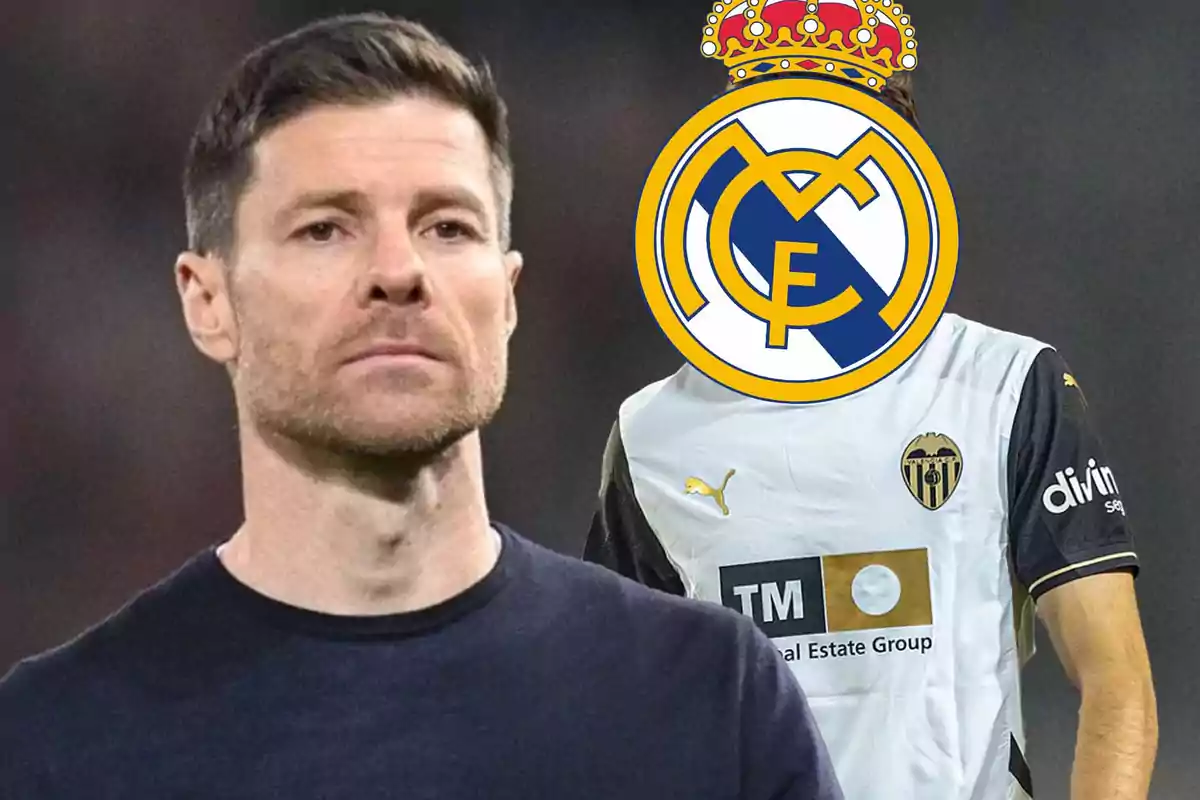 A man with a serious expression in the foreground and a figure with the Real Madrid logo instead of a face in the background.