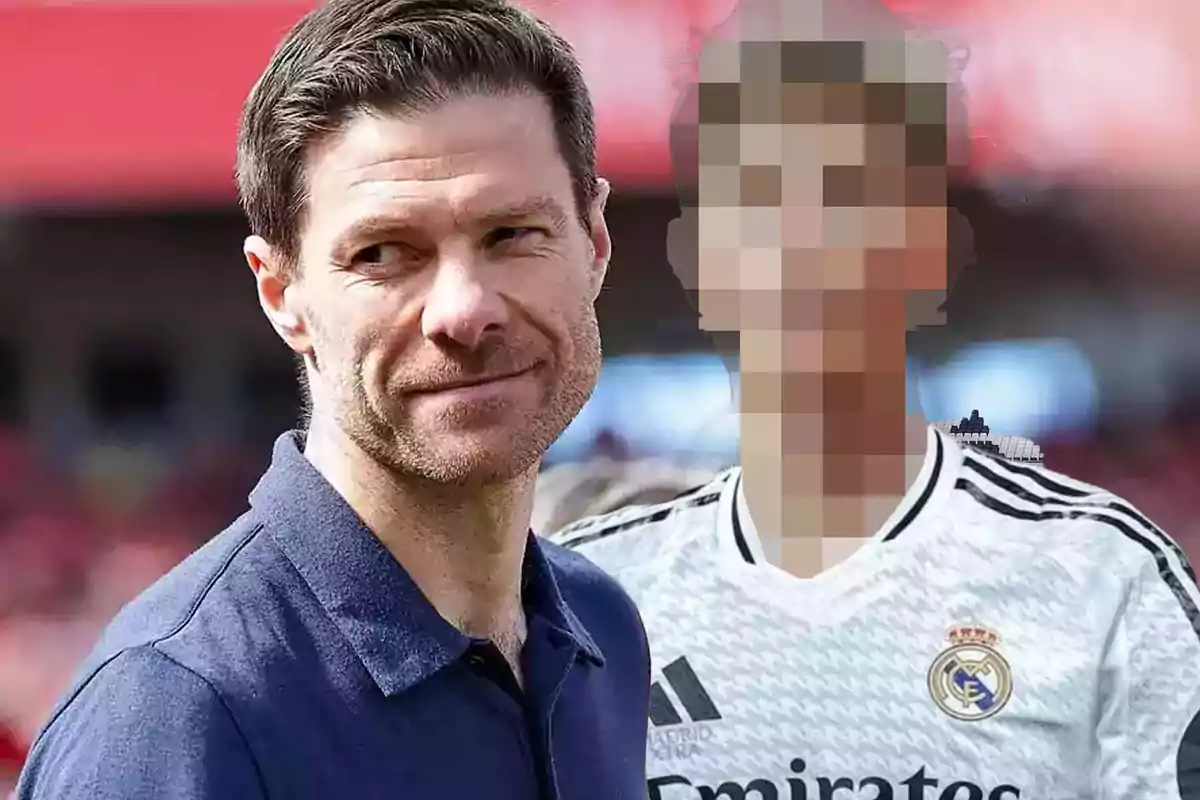 A man in a blue jersey smiles while standing next to a person with a pixelated face wearing a Real Madrid soccer jersey.