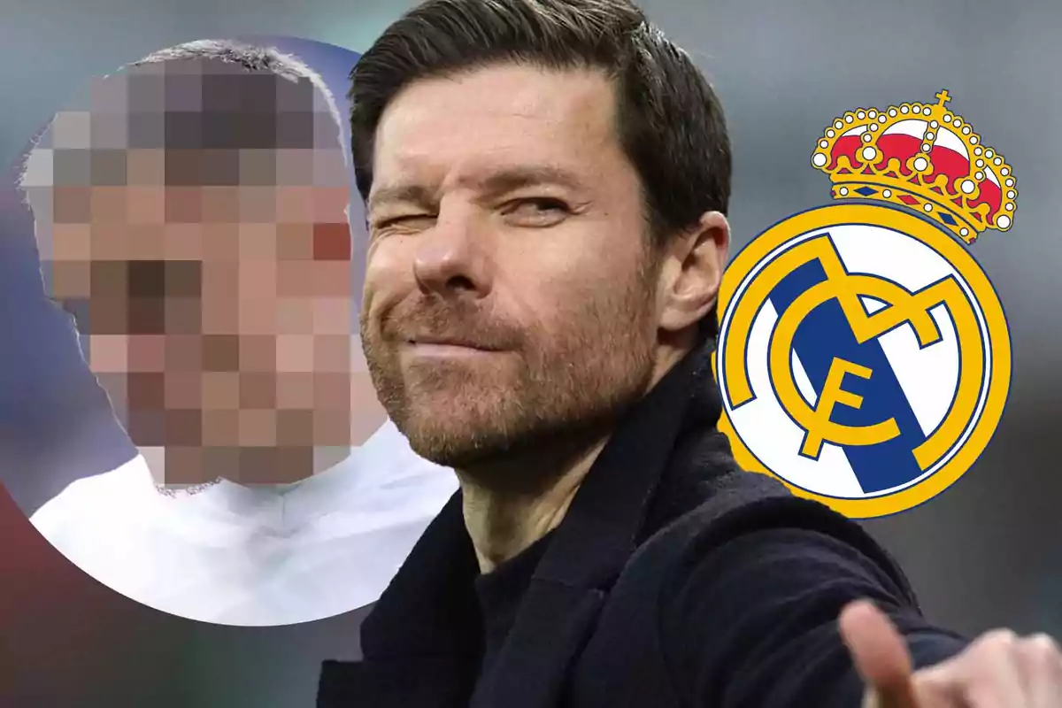 A man winking with the Real Madrid logo and a pixelated figure in the background.