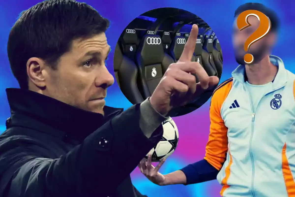 Un hombre señalando con el dedo, un balón de fútbol y una figura con un signo de interrogación en el rostro, con un fondo de asientos de un estadio.