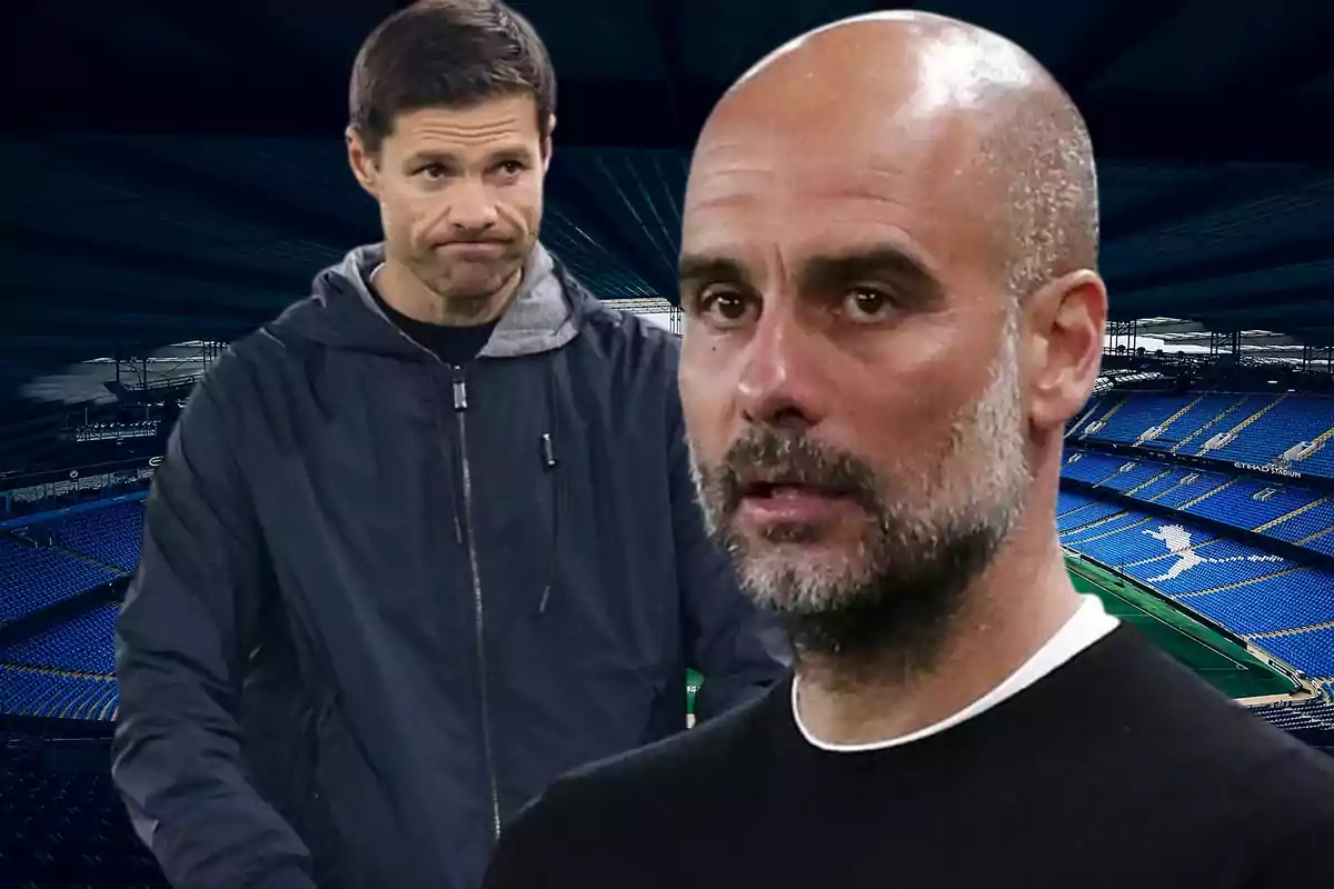 Two men in a soccer stadium, one in the foreground with a beard and another in the background with a serious expression.