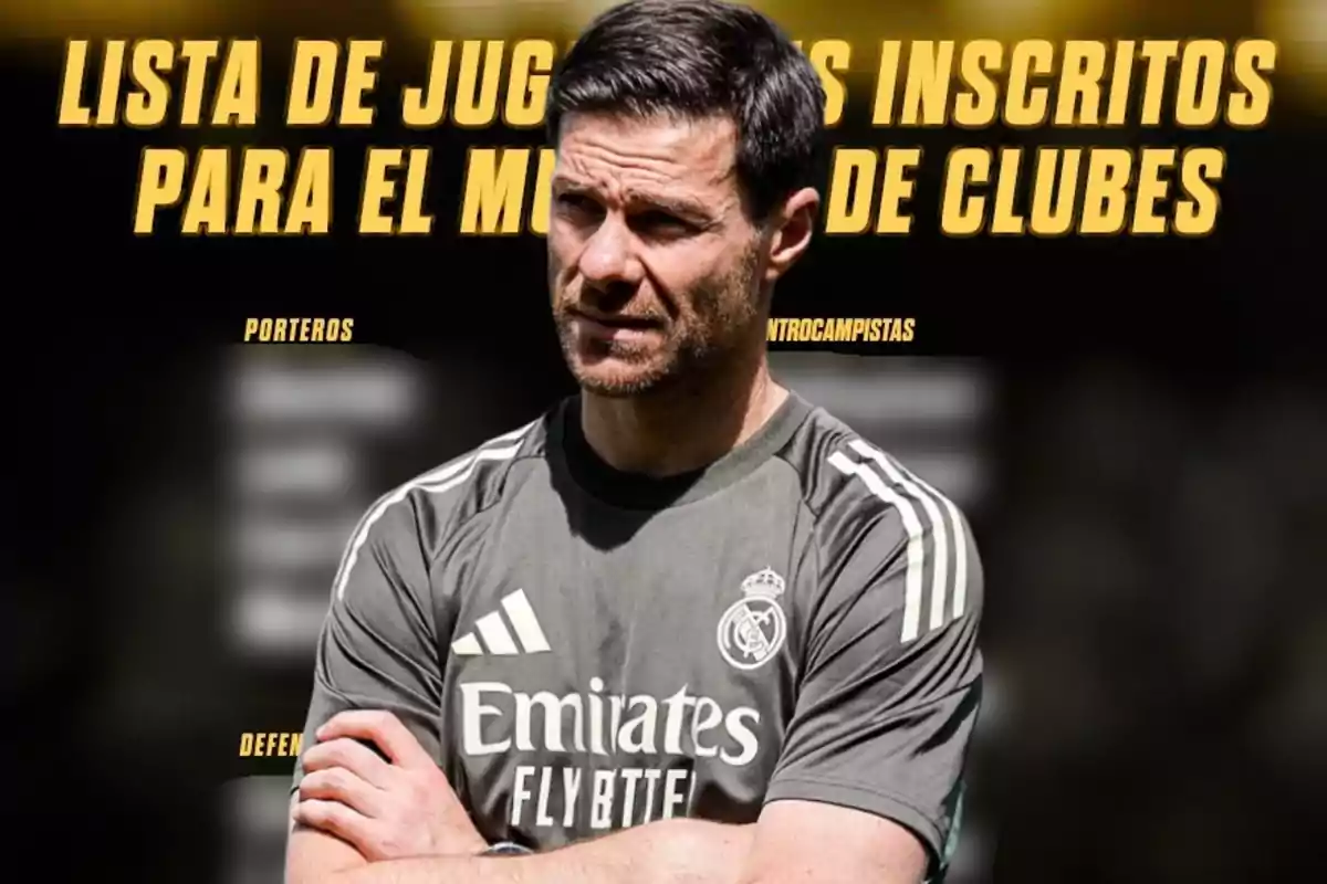 Real Madrid coach wearing a gray uniform with arms crossed in front of a background with yellow text announcing the list of registered players for the Club World Cup