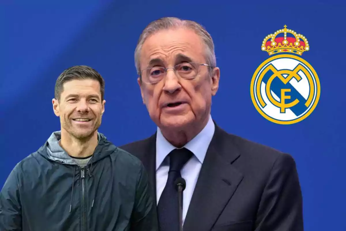 Two men pose in front of a blue background with the Real Madrid crest.