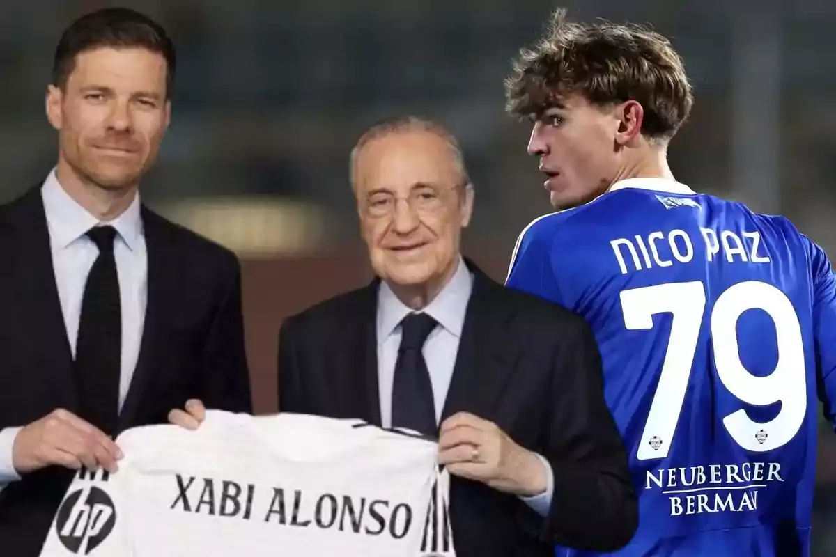 Tres personas aparecen en la imagen, dos de ellas con traje sosteniendo una camiseta blanca con el nombre Xabi Alonso y la otra persona lleva una camiseta azul con el nombre Nico Paz y el número 79.