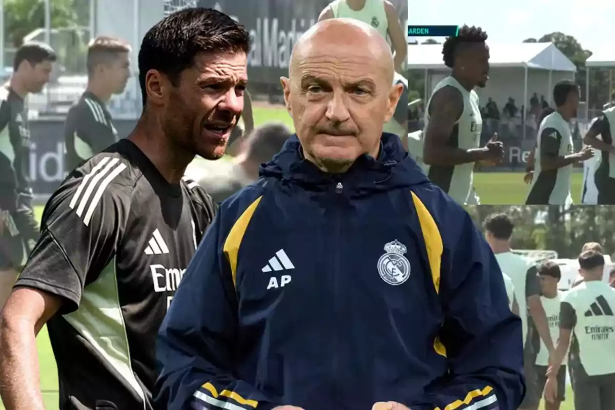Entrenadores y jugadores del Real Madrid durante una sesión de entrenamiento en el campo