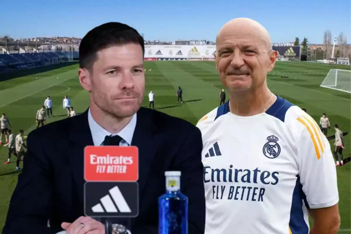 Two men associated with Real Madrid appear in the foreground, one wearing a suit and the other in the club’s sportswear, while in the background a training field with players practicing can be seen.