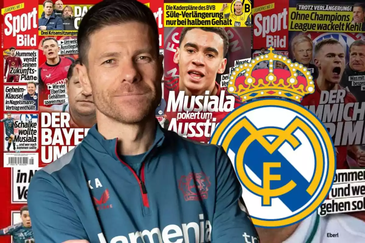 Un hombre con uniforme deportivo frente a una portada de revista deportiva alemana, con el escudo del Real Madrid superpuesto.