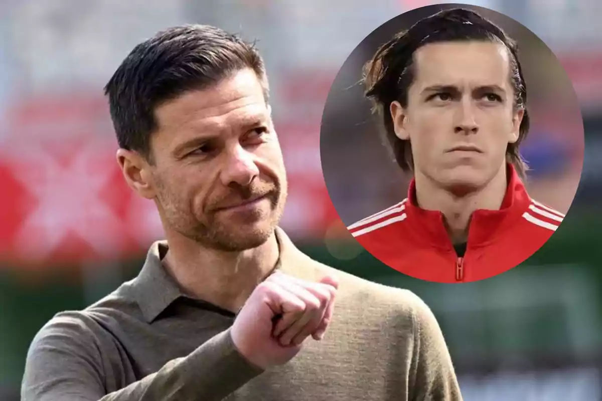 Man with a beard and short hair looking to the right with a serious expression; in the upper right corner appears the face of another man wearing a red sports jacket and with long hair slicked back.