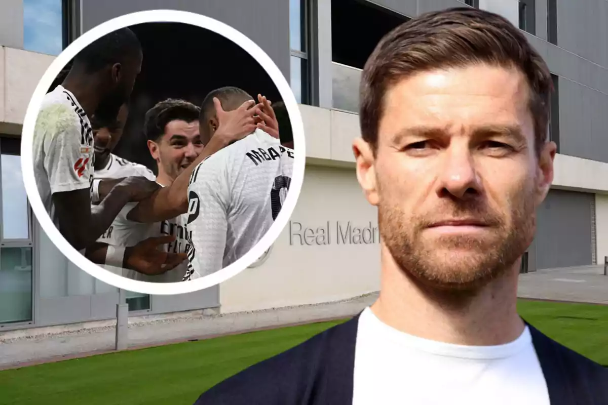 Un hombre de cabello corto y barba está frente a las instalaciones del Real Madrid mientras en un círculo se observa a varios jugadores del equipo celebrando juntos.