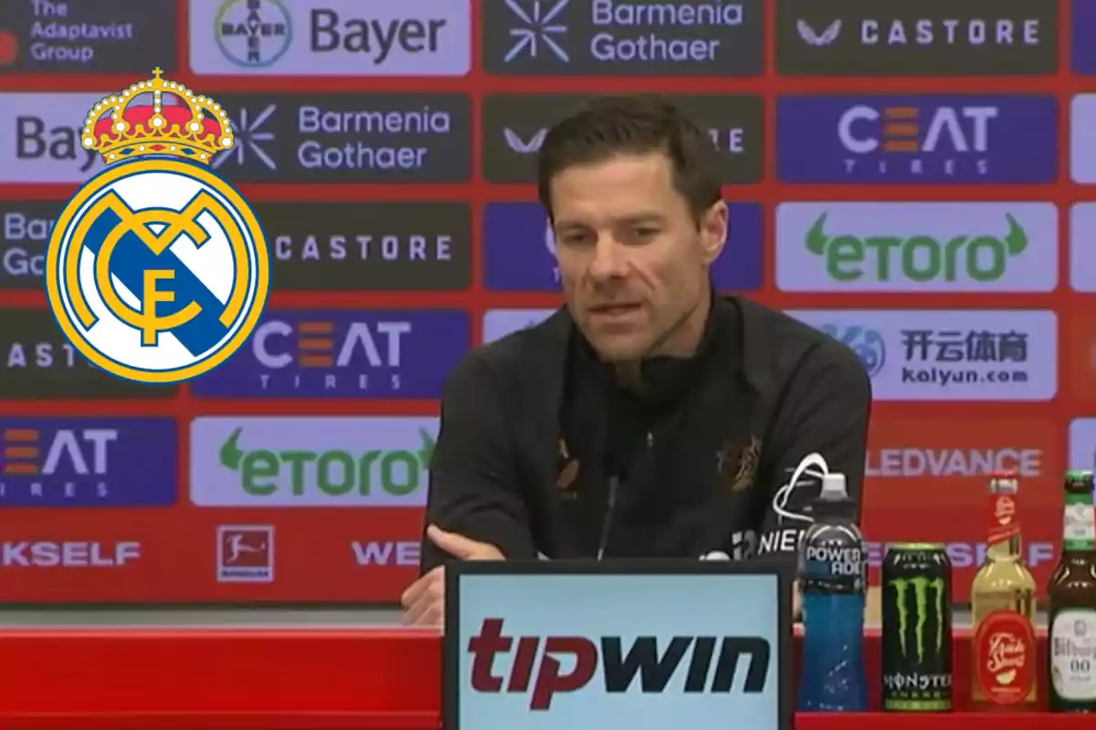 A man at a press conference with a background of sponsor logos and the Real Madrid crest overlaid.