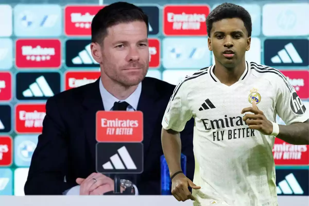 A soccer coach at a press conference and a Real Madrid player in the foreground