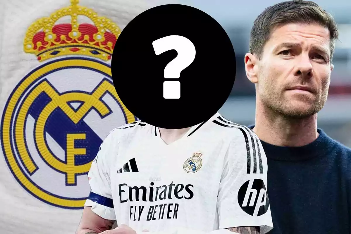 A man wearing a Real Madrid jersey with a face covered by a question mark next to the team's crest and another person beside him.