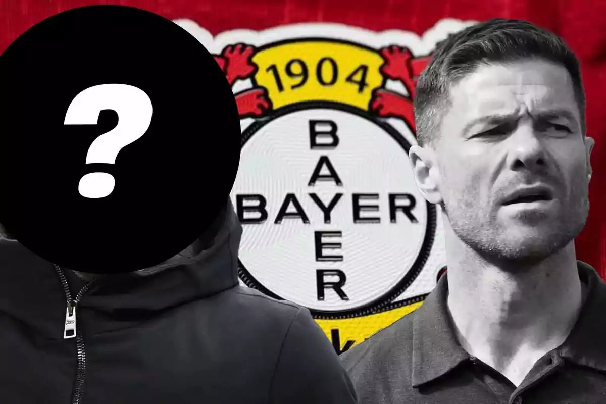 Un hombre con expresión seria junto a un logo del Bayer Leverkusen y una figura con un signo de interrogación en el rostro.