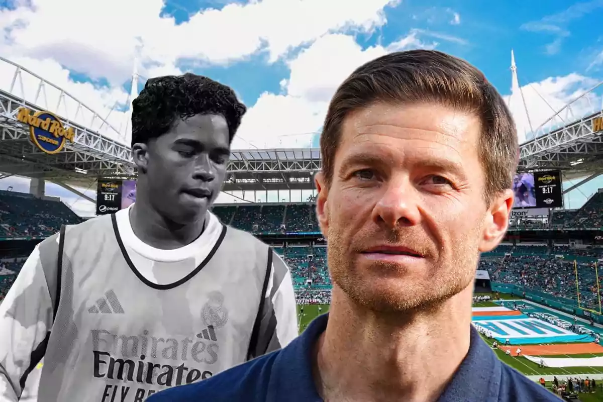 Dos hombres en un estadio de fútbol americano, uno en primer plano y otro al fondo con uniforme de entrenamiento del Real Madrid.