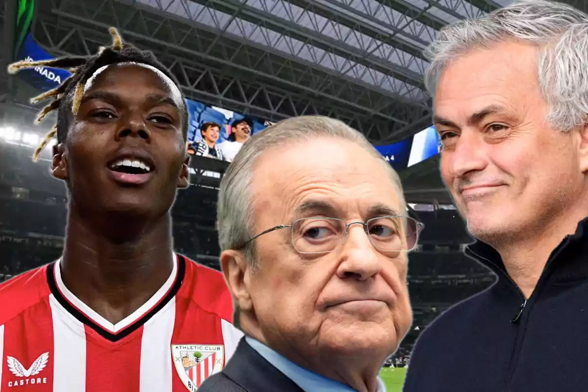 Three men in a soccer stadium, one wearing an Athletic Club jersey.