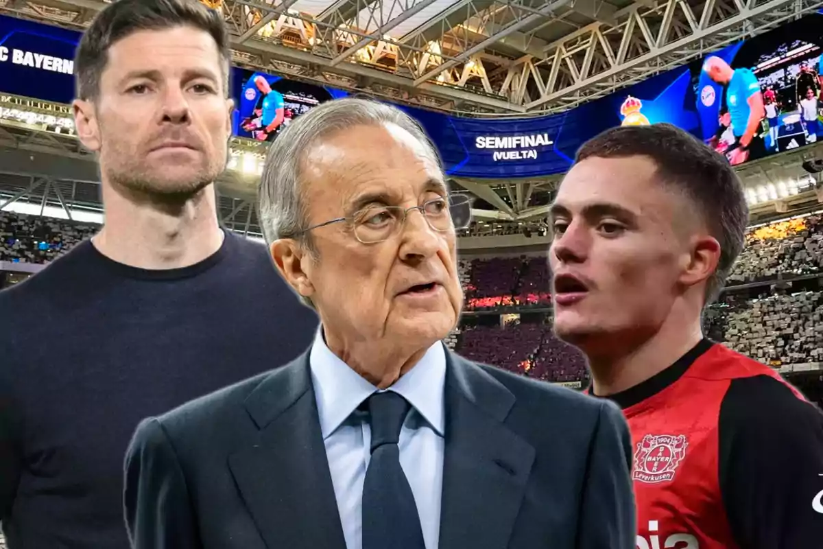Three men in a soccer stadium with a sign that says "Semifinal (Second Leg)" in the background.