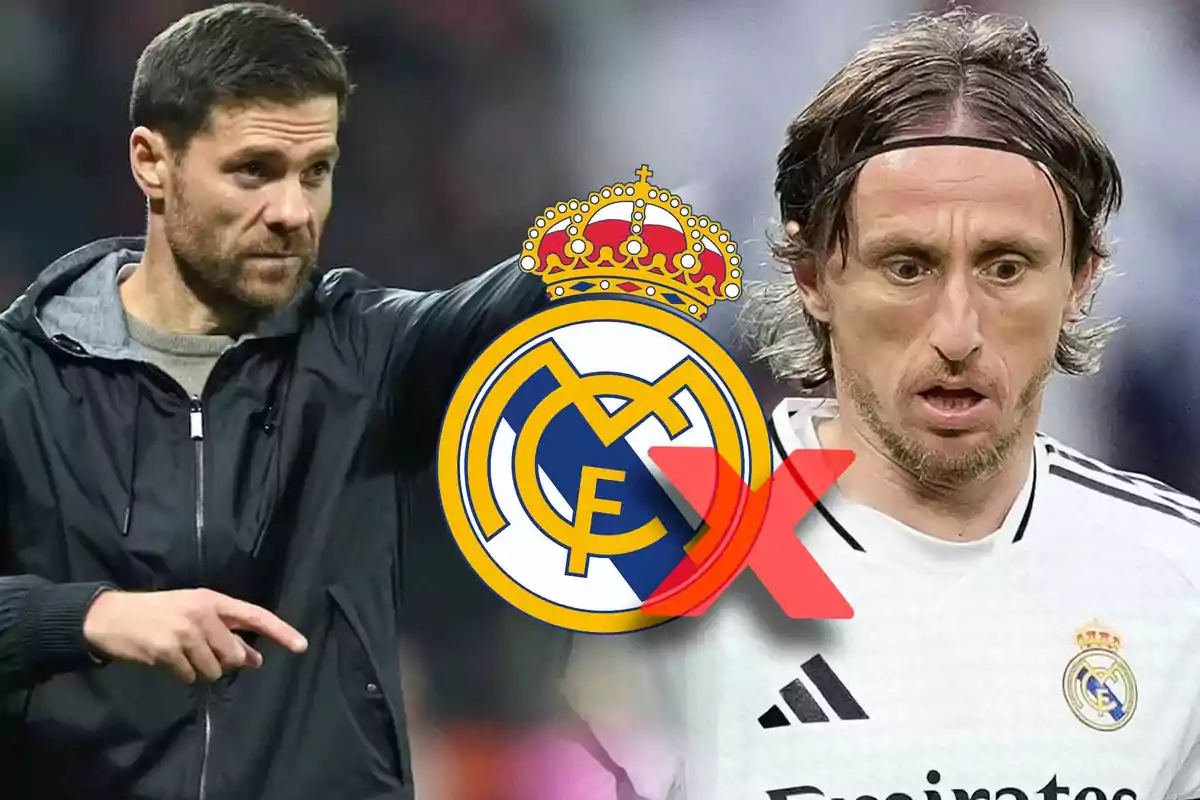 A man in a black jacket points forward, next to a player in a white jersey with the Real Madrid crest and a red X superimposed.