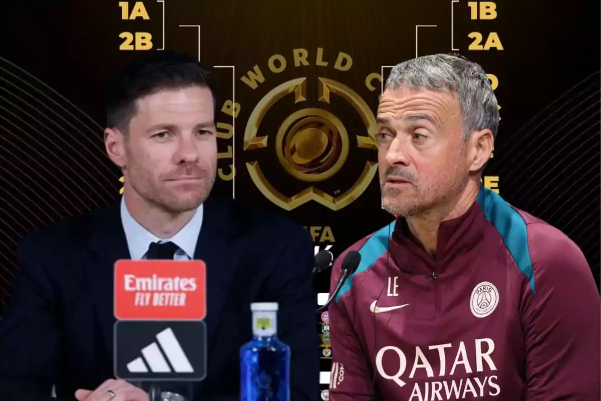 Two soccer coaches at a press conference with the FIFA Club World Cup logo in the background
