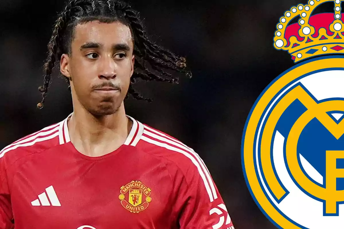 A player wearing a Manchester United jersey next to the Real Madrid crest.