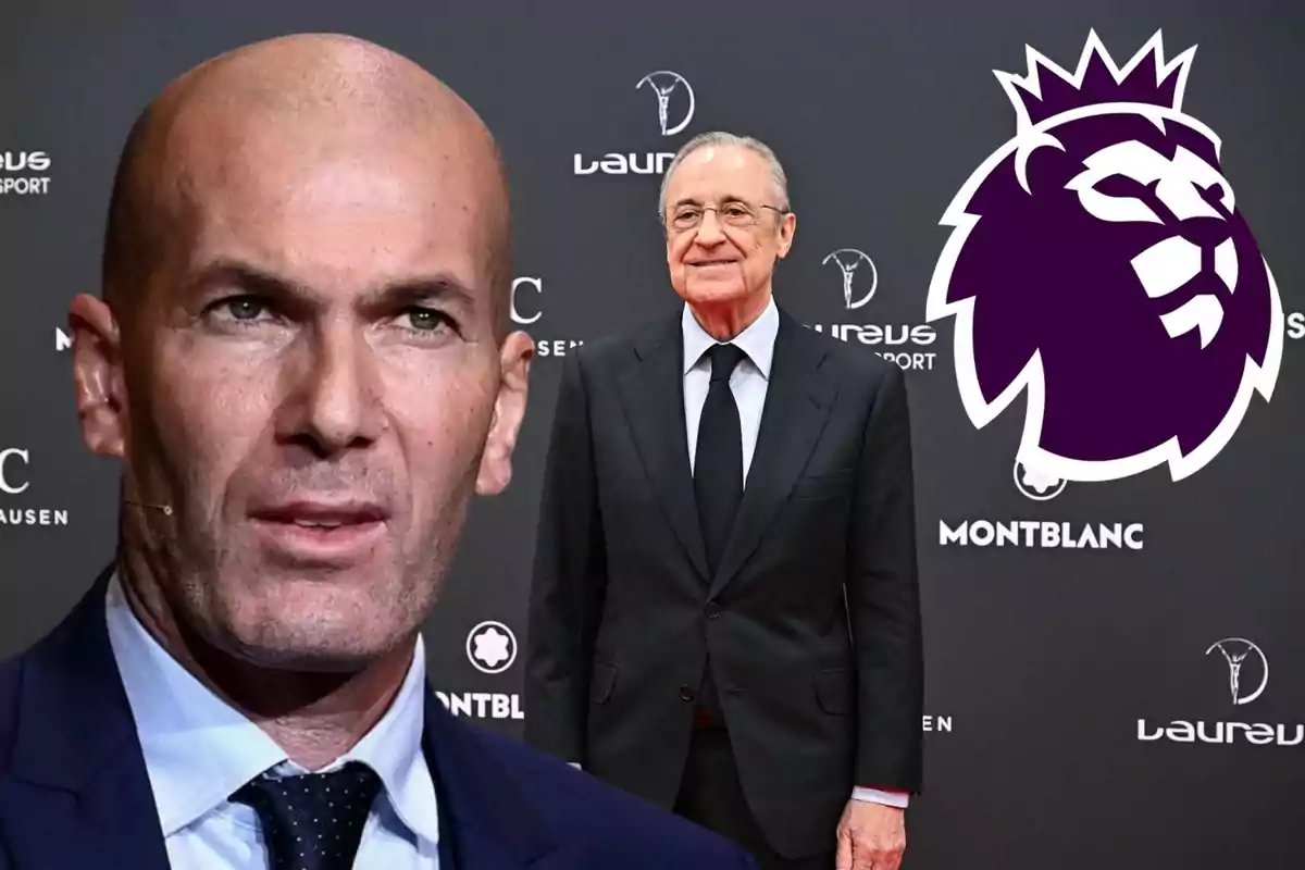 Dos hombres en un evento formal con un logotipo de la Premier League en el fondo.