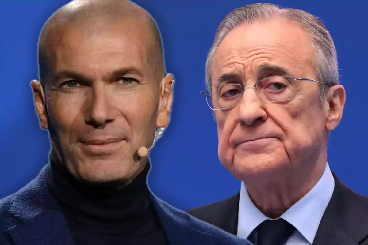 Two middle-aged men with serious expressions, one with a microphone in his ear and the other with glasses, against a blue background.