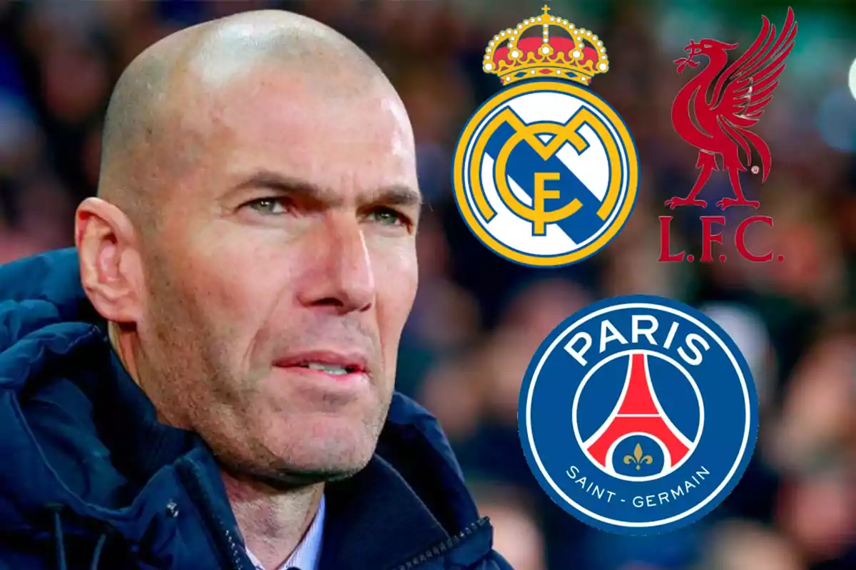 Un hombre calvo con chaqueta oscura y logotipos de equipos de fútbol como Real Madrid, Liverpool y Paris Saint-Germain.