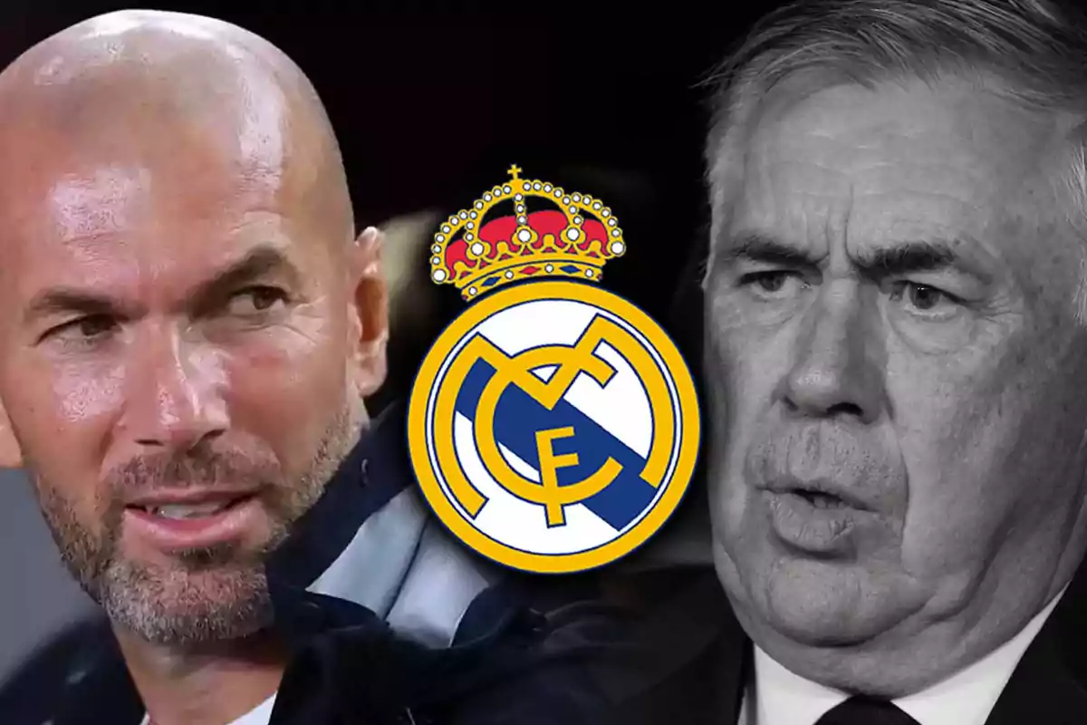 Two men next to the Real Madrid crest.