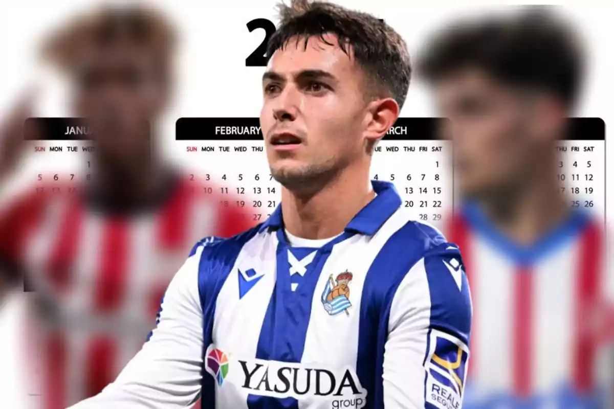 Jugador de fútbol con uniforme azul y blanco frente a un calendario difuminado.