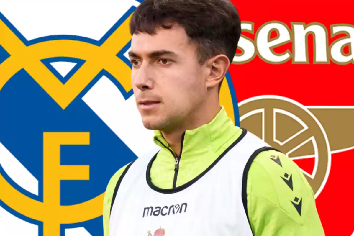 Futbolista con uniforme de entrenamiento frente a los escudos de Real Madrid y Arsenal