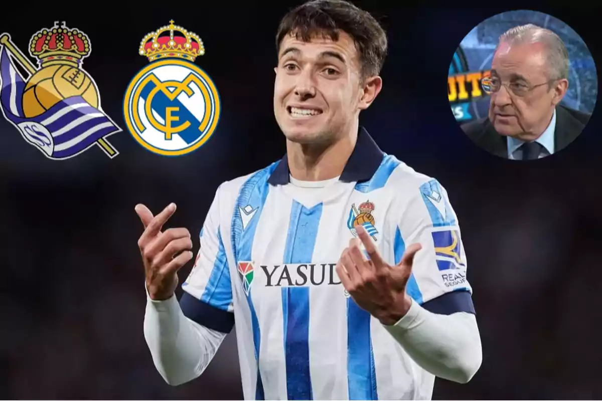 Un jugador de fútbol con la camiseta de la Real Sociedad gesticula con las manos, a su lado están los escudos de la Real Sociedad y el Real Madrid, y en la esquina superior derecha hay un hombre mayor con gafas.