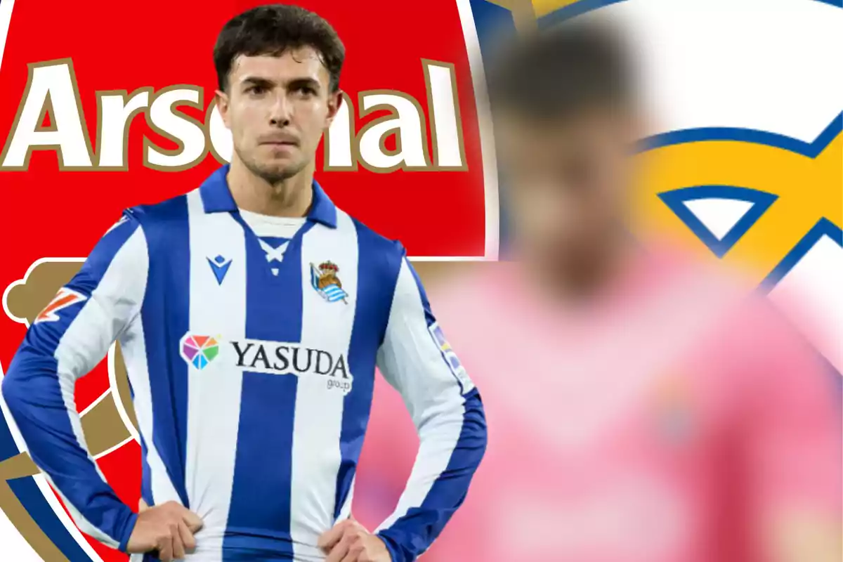 A player in a blue and white uniform in front of a background with the Arsenal logo.