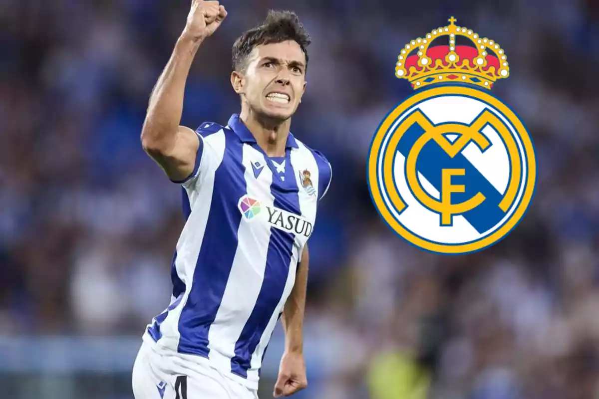 Futbolista de la Real Sociedad celebrando con el logo del Real Madrid a su lado