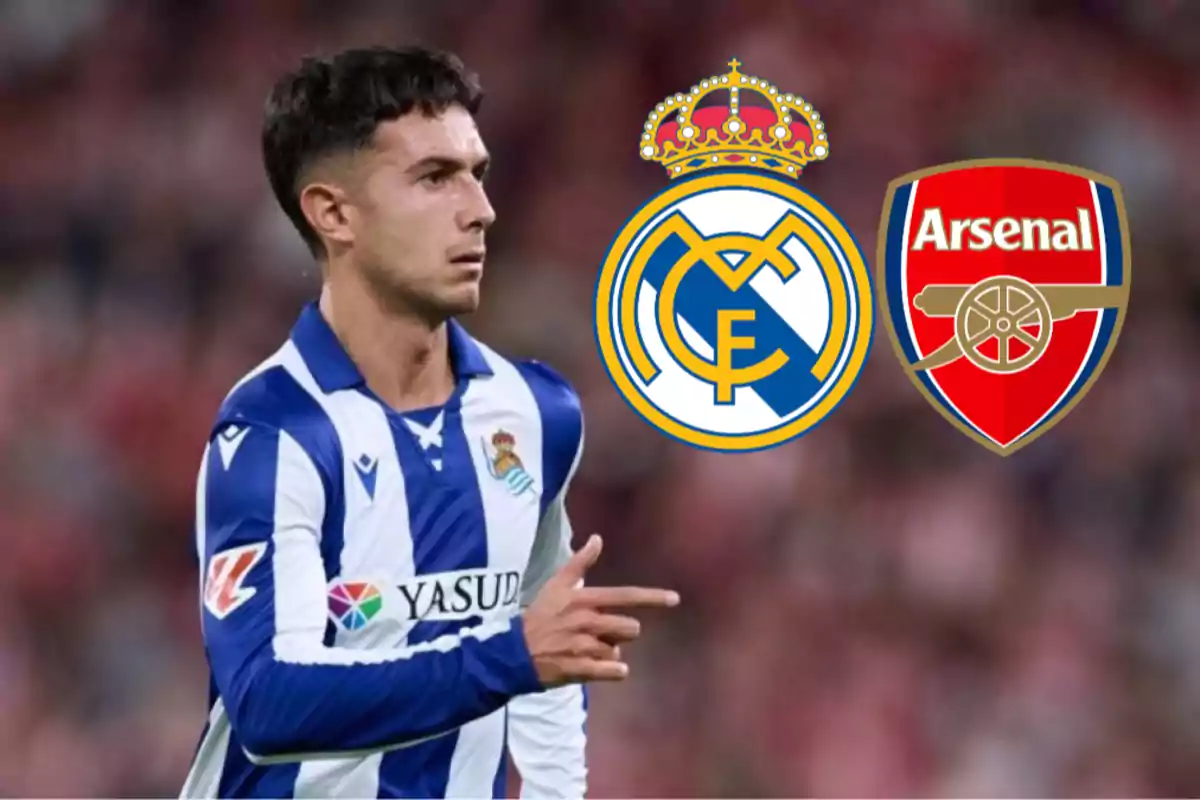 A soccer player wearing the Real Sociedad uniform next to the Real Madrid and Arsenal crests.