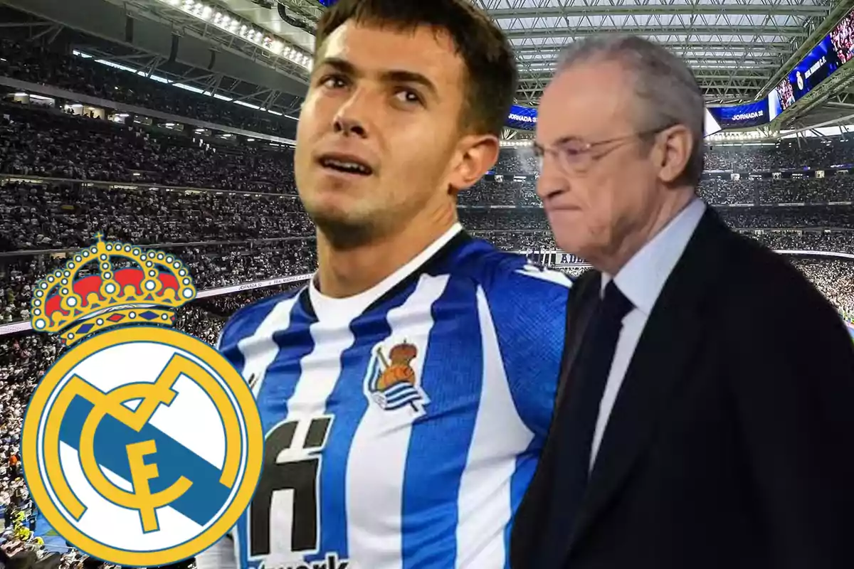 A player wearing the Real Sociedad jersey is next to an older man in a stadium full of spectators with the Real Madrid crest in the foreground.