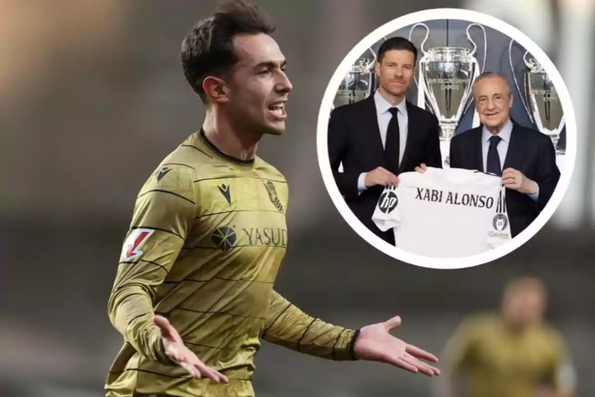 A player in a gold uniform gestures during a match, and in the top right corner there is a box showing two men holding a white jersey with the name Xabi Alonso in front of several trophies.