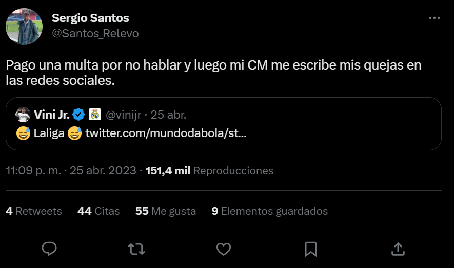 Uno de los últimos 'tweet' de Sergio Santos en contra de Vinícius Jr.