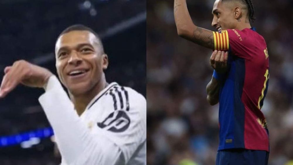 La celebración de Mbappé y Raphinha en el Clásico.